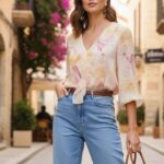 Μπλούζα Μουσελίνα με βολάν στα μανίκια και στο μπροστινό μέρος της μπλούζας ο αν size καλύπτει από small έως large floral Κίτρινο κ σιέλ