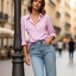 Ροζ ριγέ πουκάμισο one size καλύπτει small medium αλλά κ σε σιέλ τελευταία κομμάτια